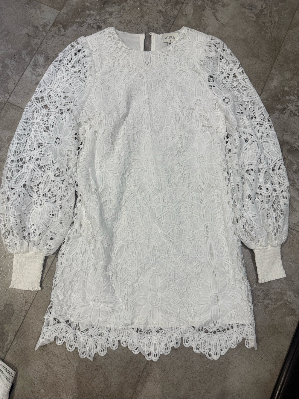 Aura White Floral Lace Balloon-Sleeve Mini Dress